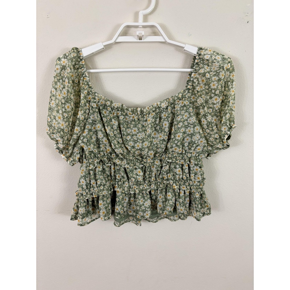 Moa Moa Blouse Womens XL Green Daisy Floral Babydoll Cropped‎ Ruffle Boho Top - Picture 8 of 9